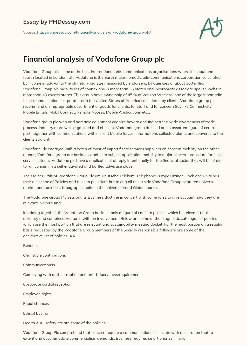 Financial analysis of Vodafone Group plc essay