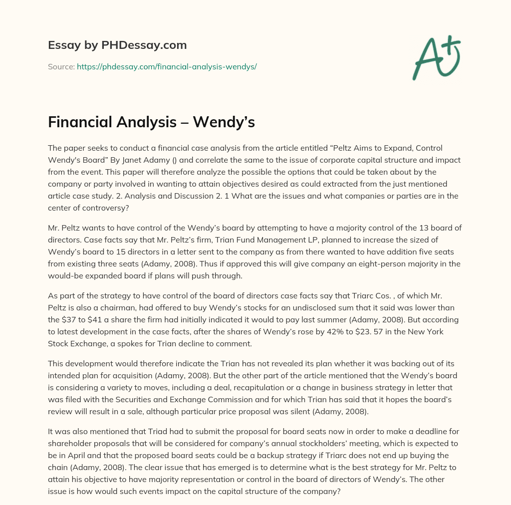 Financial Analysis – Wendy’s essay