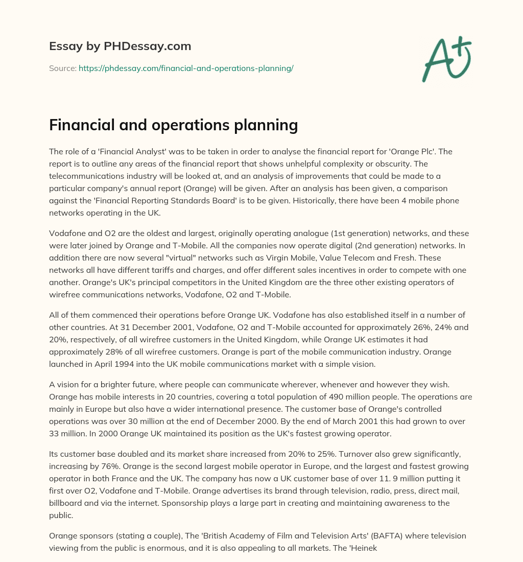 Financial and operations planning essay
