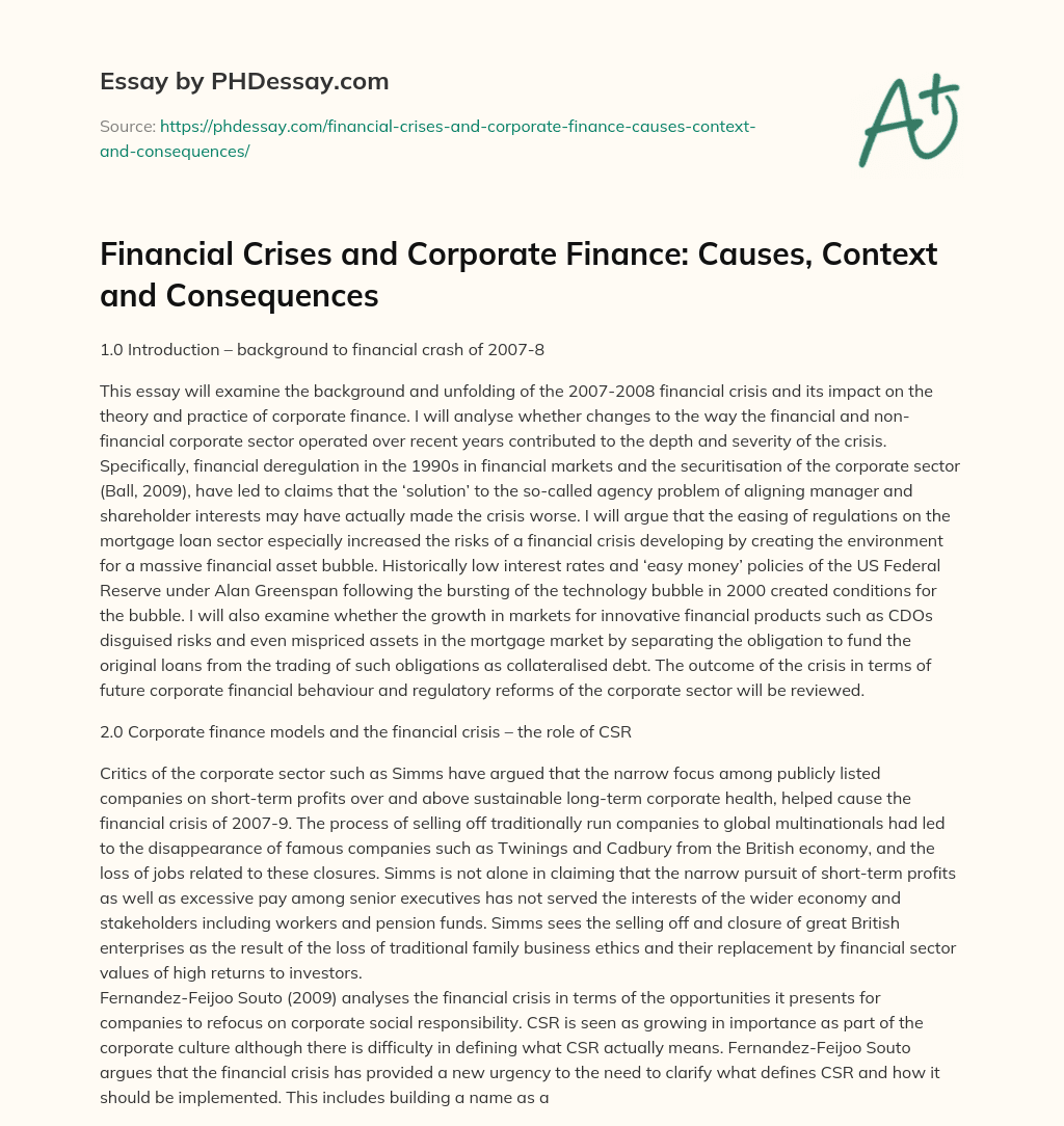Financial Crises and Corporate Finance: Causes, Context and Consequences essay