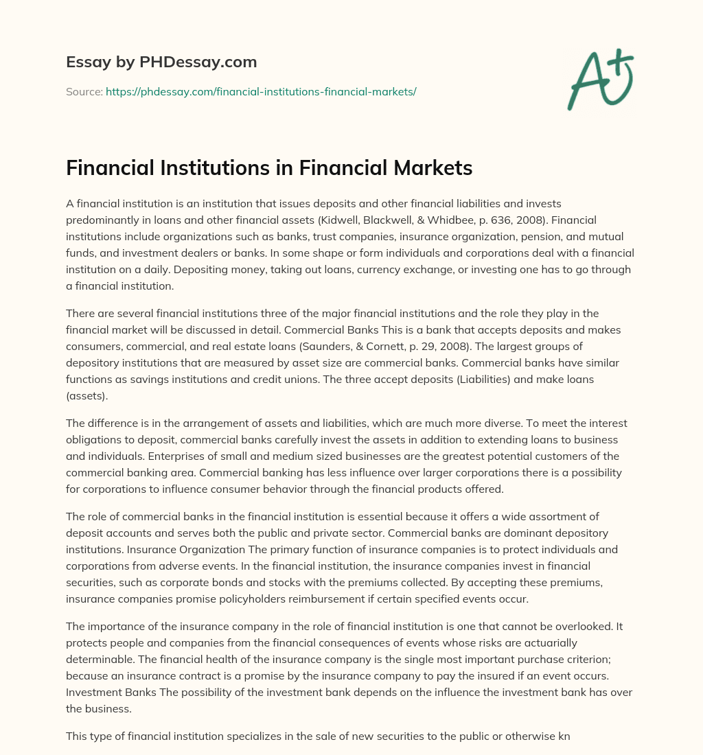 Financial Institutions in Financial Markets essay