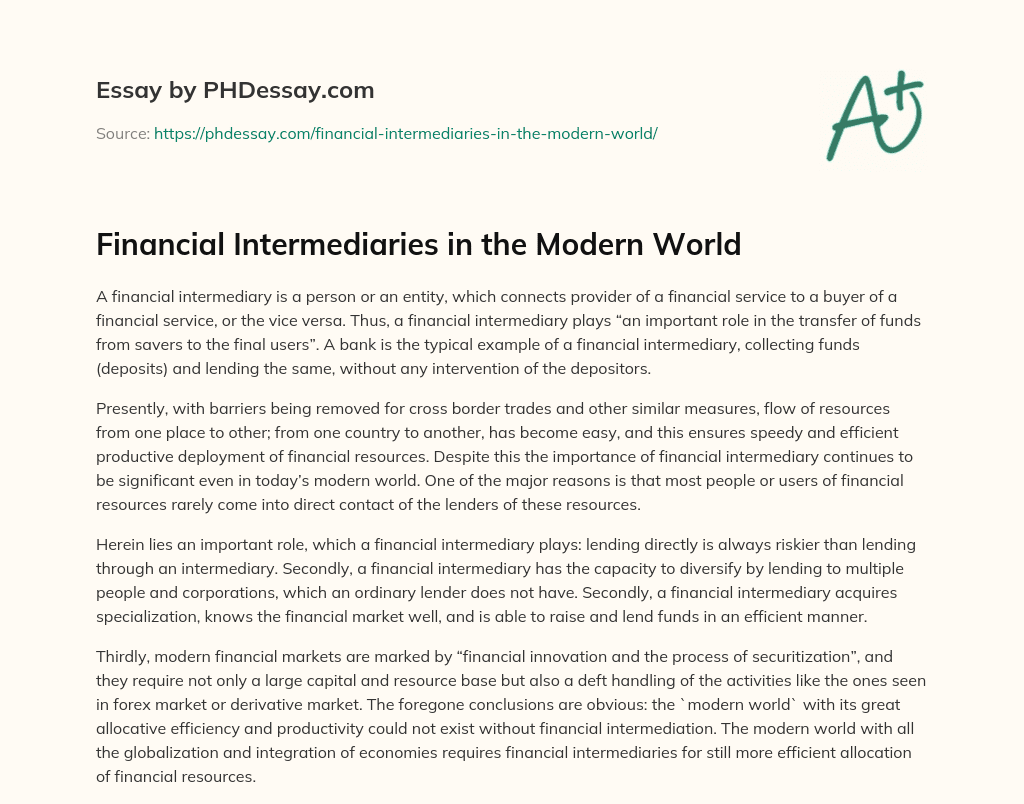 Financial Intermediaries in the Modern World essay