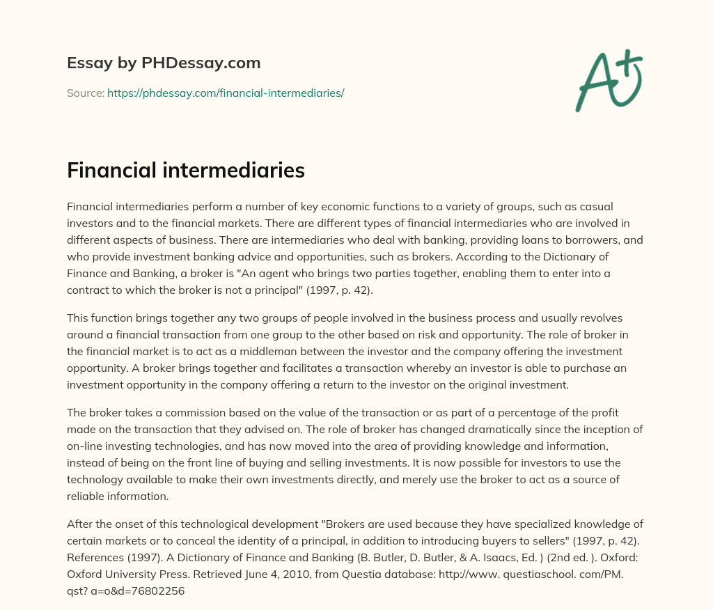 Financial intermediaries essay
