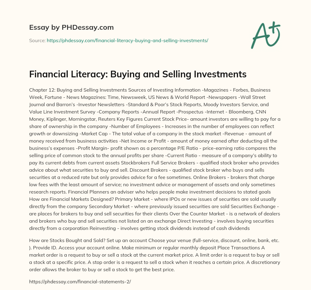 Financial Literacy: Buying and Selling Investments essay