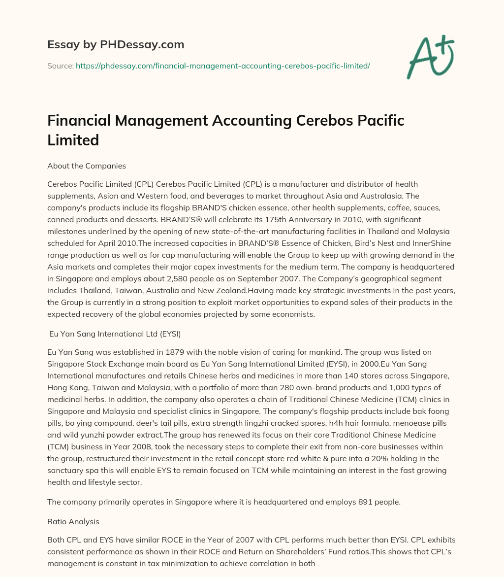 Financial Management Accounting Cerebos Pacific Limited essay
