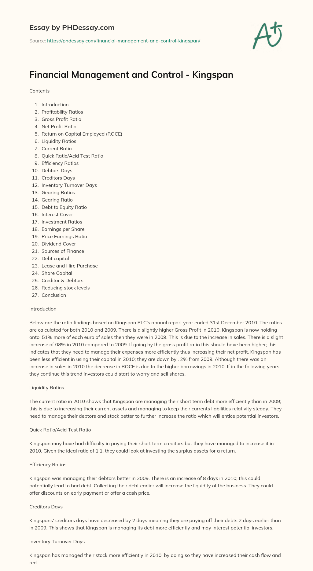 Financial Management and Control – Kingspan essay