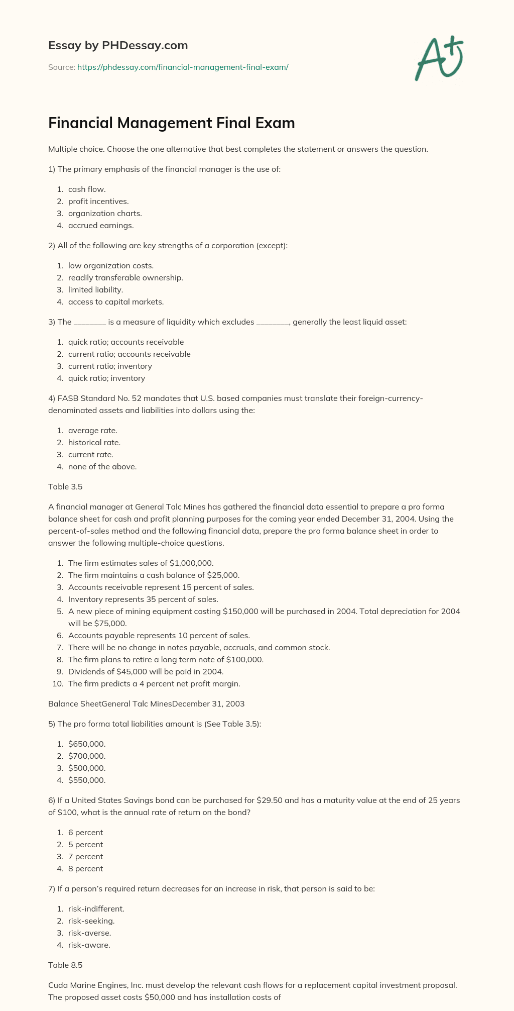 Financial Management Final Exam