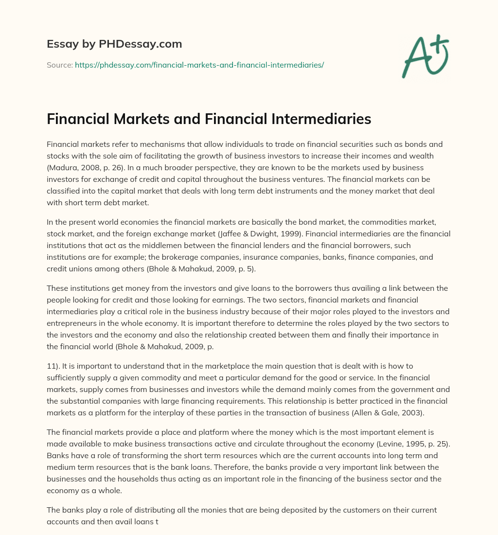 Financial Markets and Financial Intermediaries essay