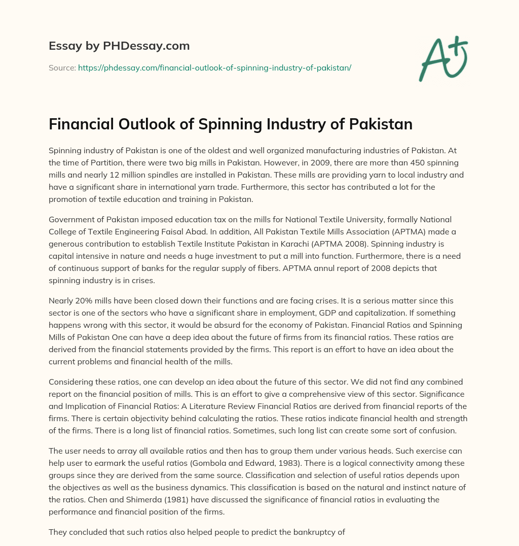 Financial Outlook of Spinning Industry of Pakistan essay