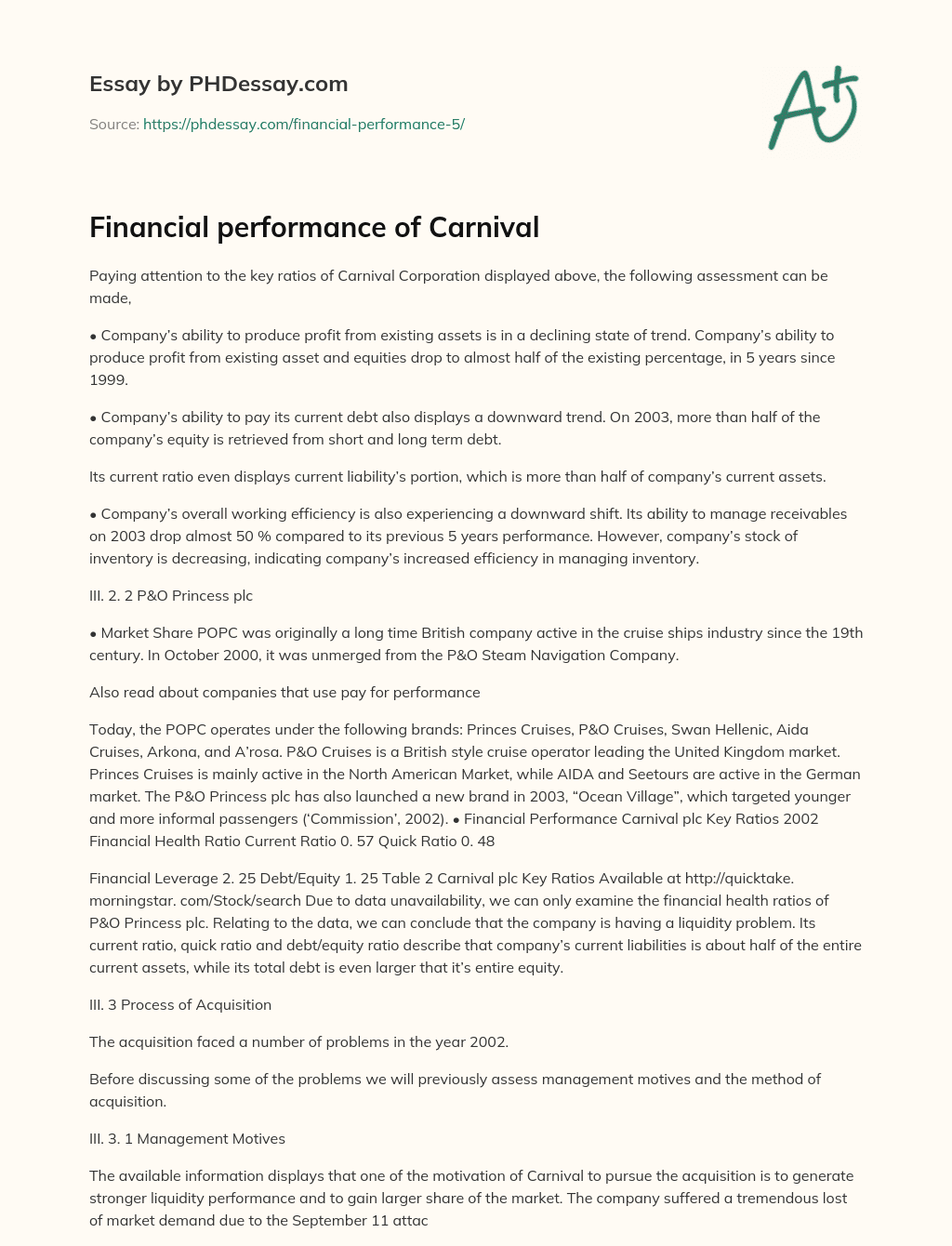 Financial performance of Carnival essay