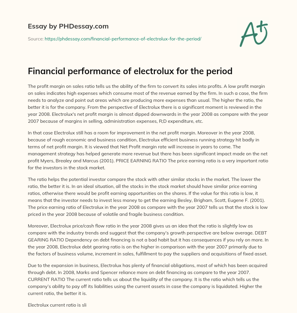 Financial performance of electrolux for the period essay