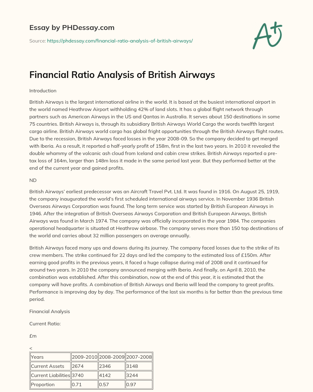 Financial Ratio Analysis of British Airways essay