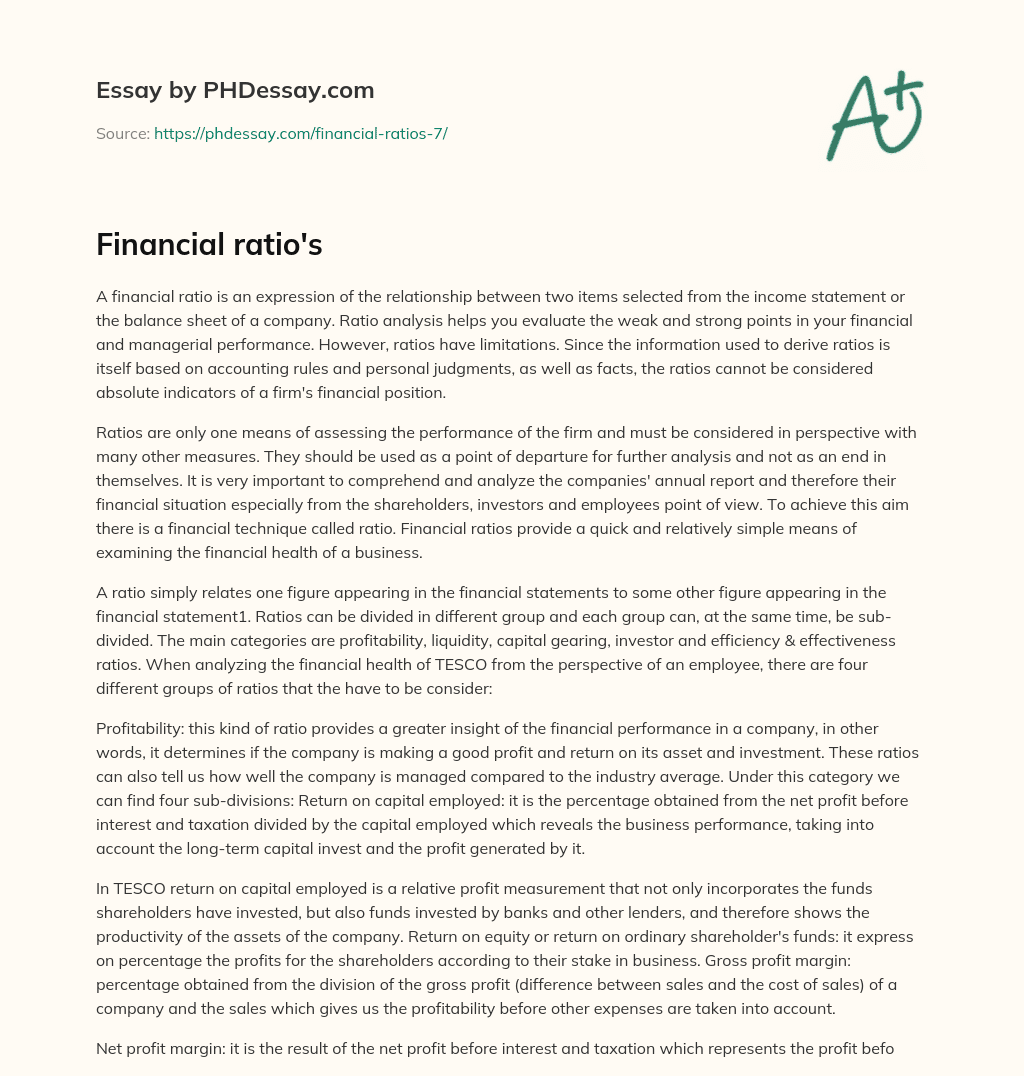 Financial ratio’s essay