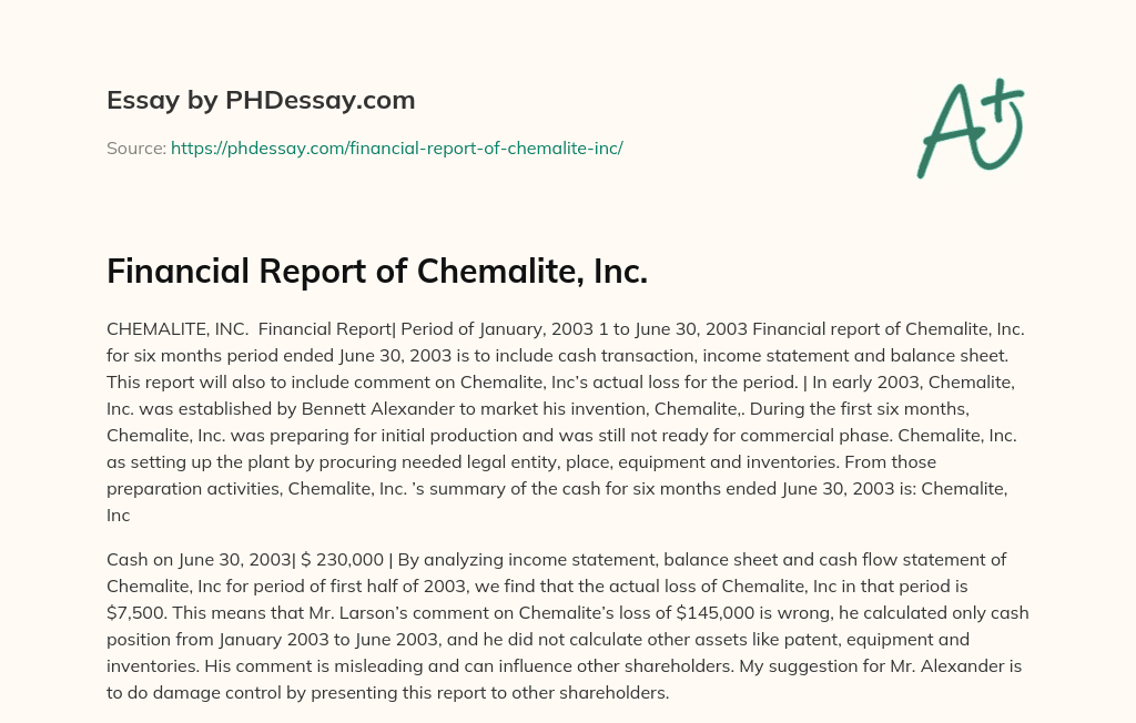 Financial Report of Chemalite, Inc. essay