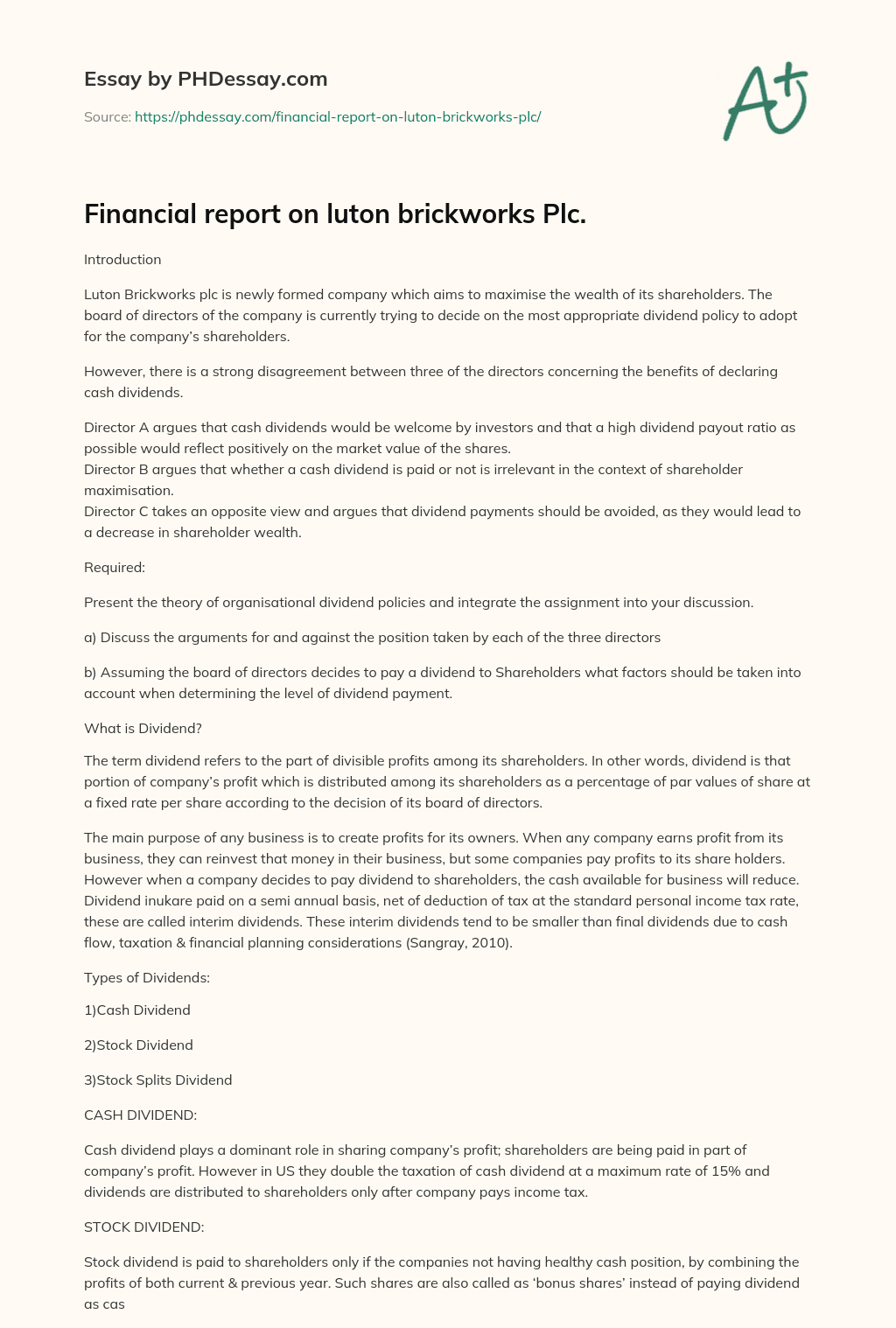 Financial report on luton brickworks Plc. essay