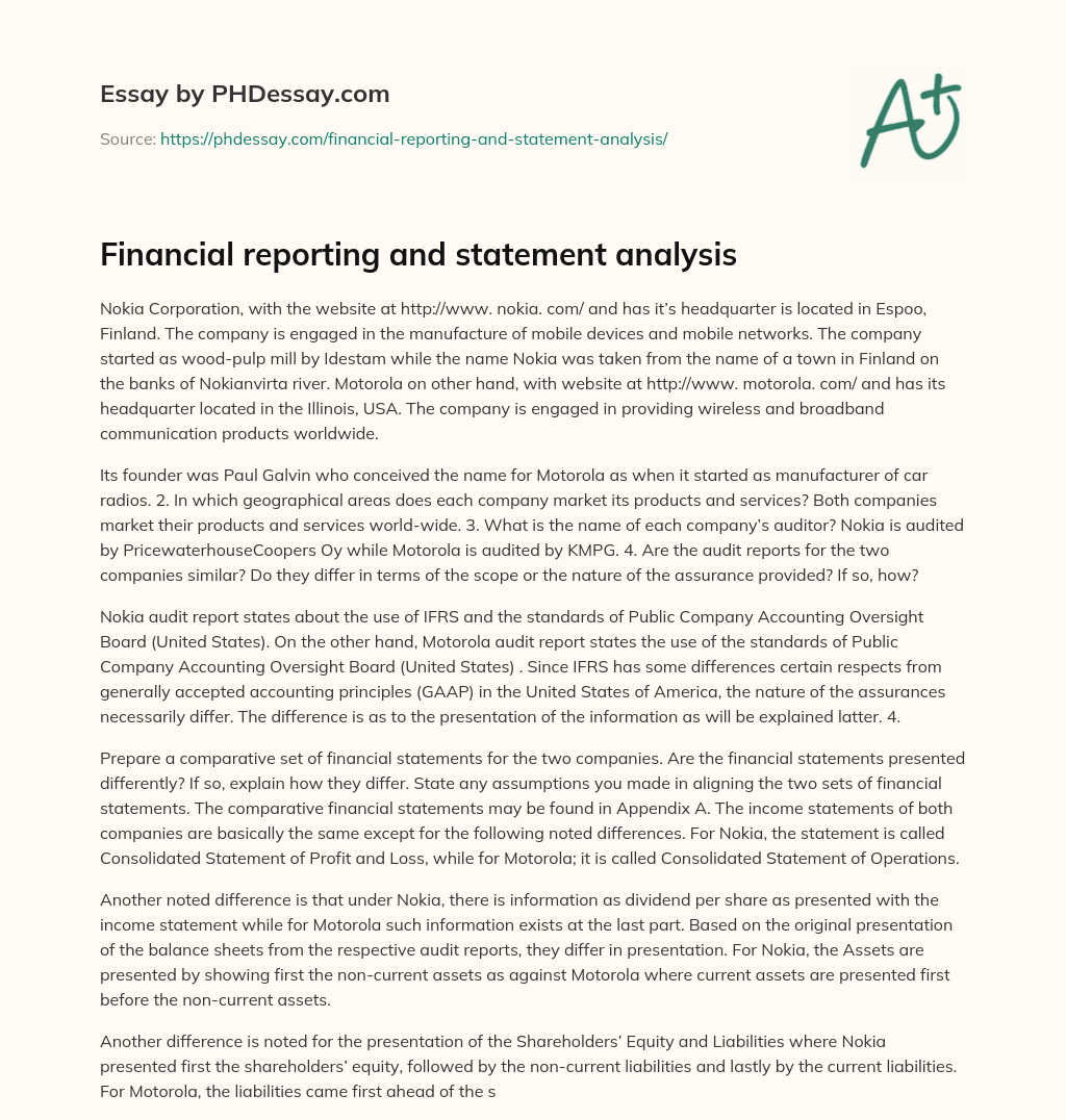 Financial reporting and statement analysis essay