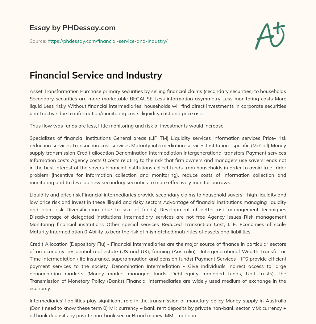Financial Service and Industry essay