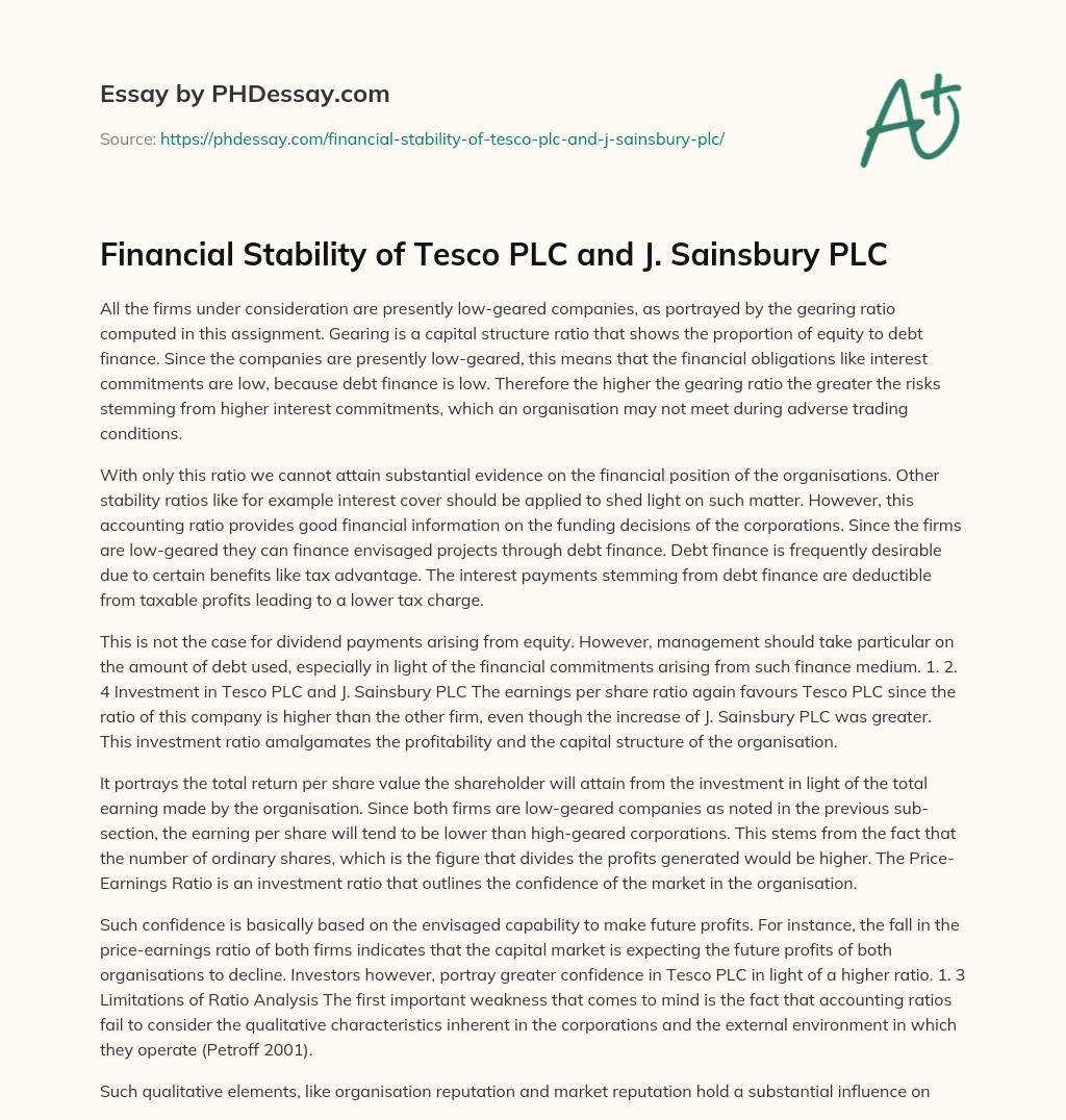 Financial Stability of Tesco PLC and J. Sainsbury PLC essay