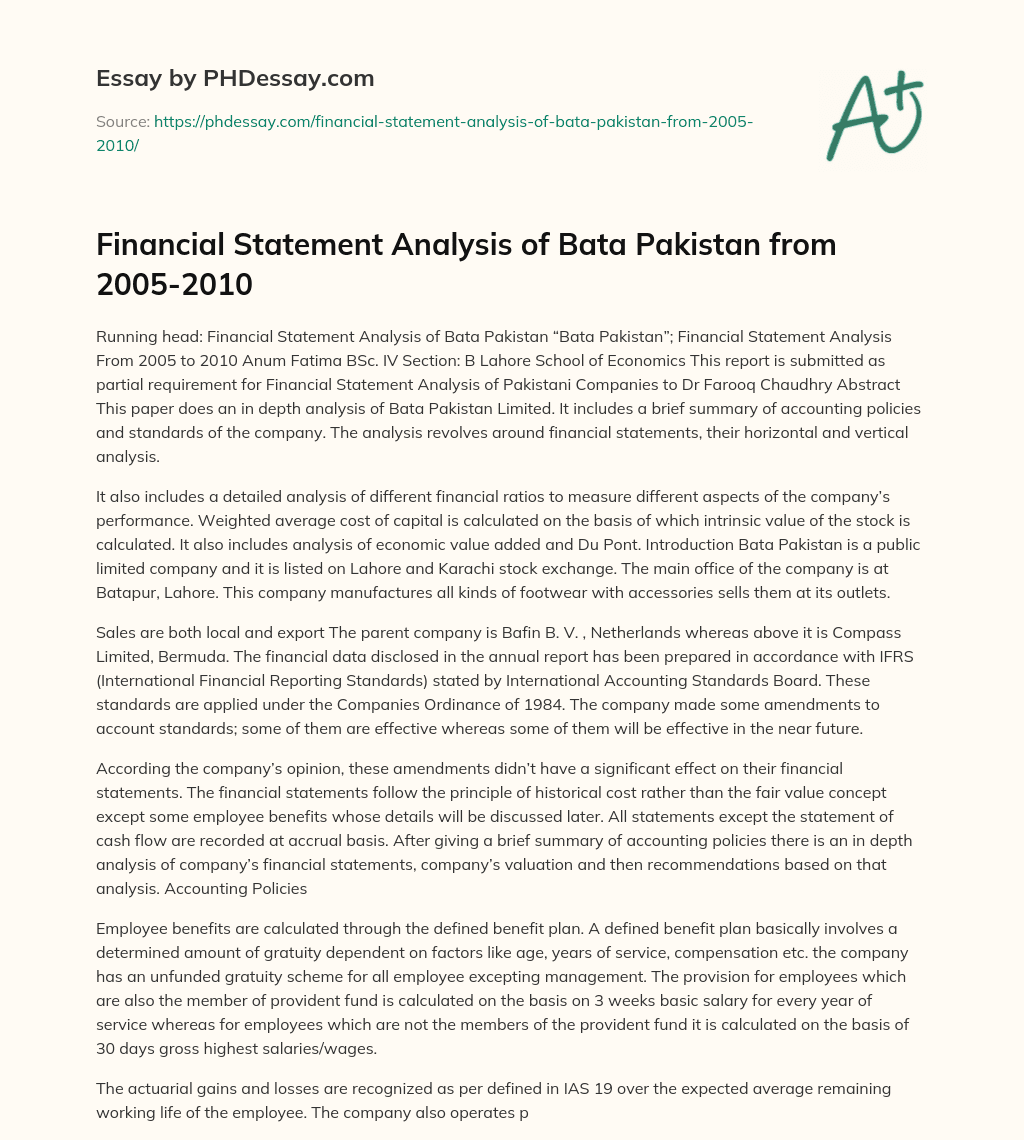 Financial Statement Analysis of Bata Pakistan from 2005-2010 essay