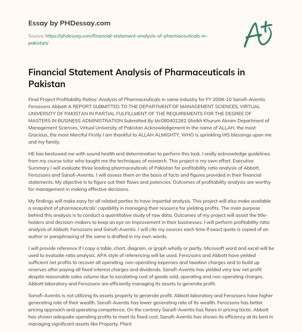 Financial Statement Analysis of Pharmaceuticals in Pakistan essay