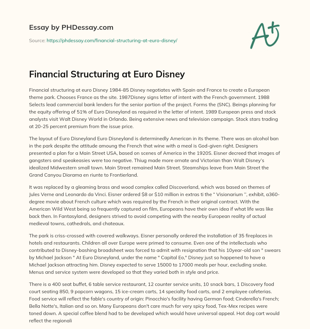 Financial Structuring at Euro Disney essay