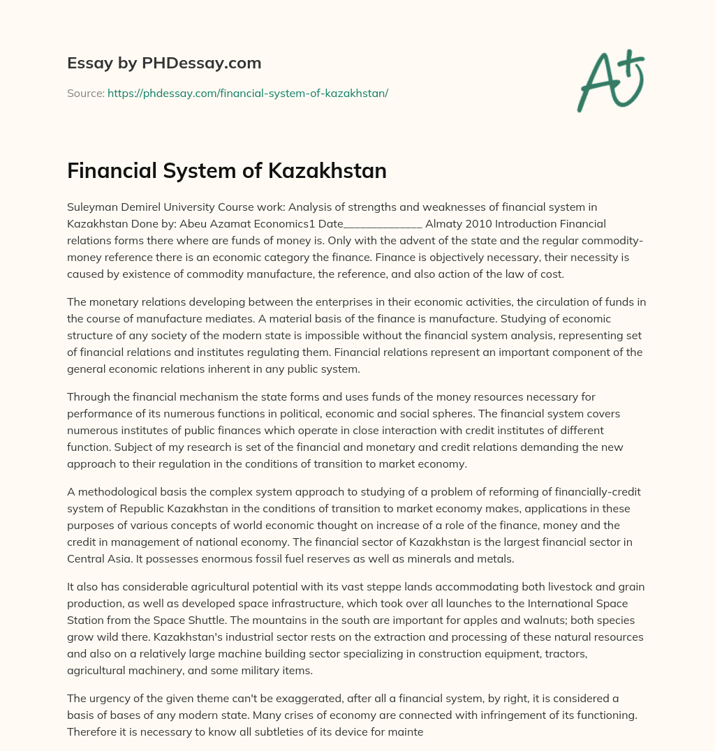 Financial System of Kazakhstan essay