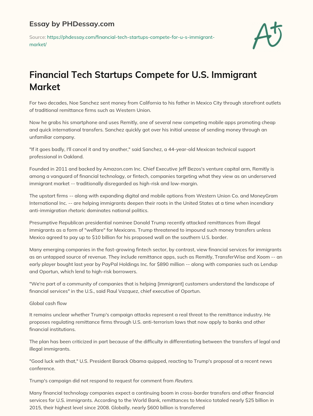 Financial Tech Startups Compete for U.S. Immigrant Market essay