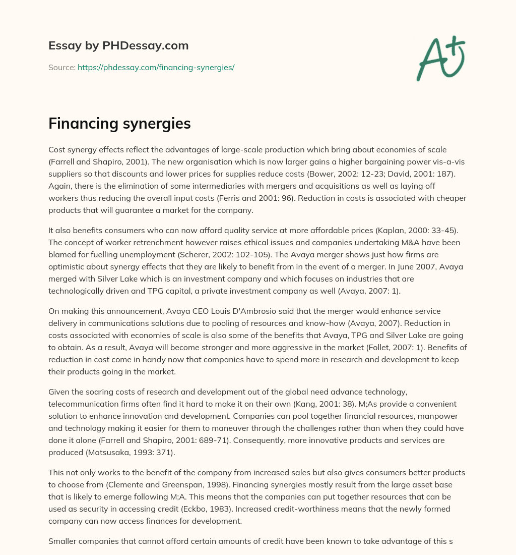 Financing synergies essay