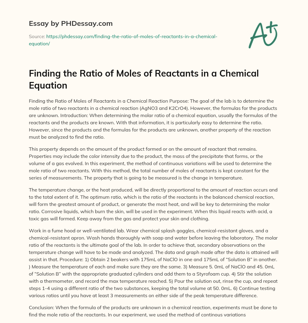 Finding the Ratio of Moles of Reactants in a Chemical Equation essay