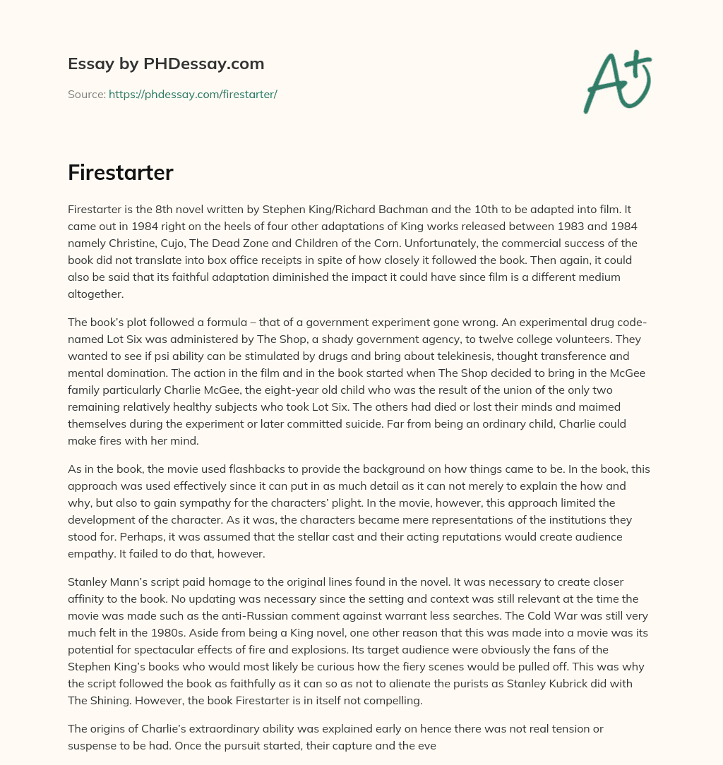 Analysis of Stephen King’s Firestarter novel and film adaptation essay