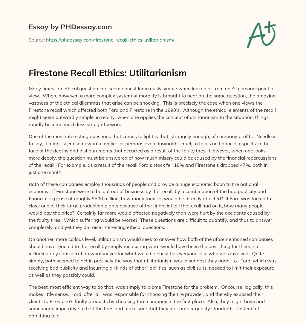 Firestone Recall Ethics:  Utilitarianism essay