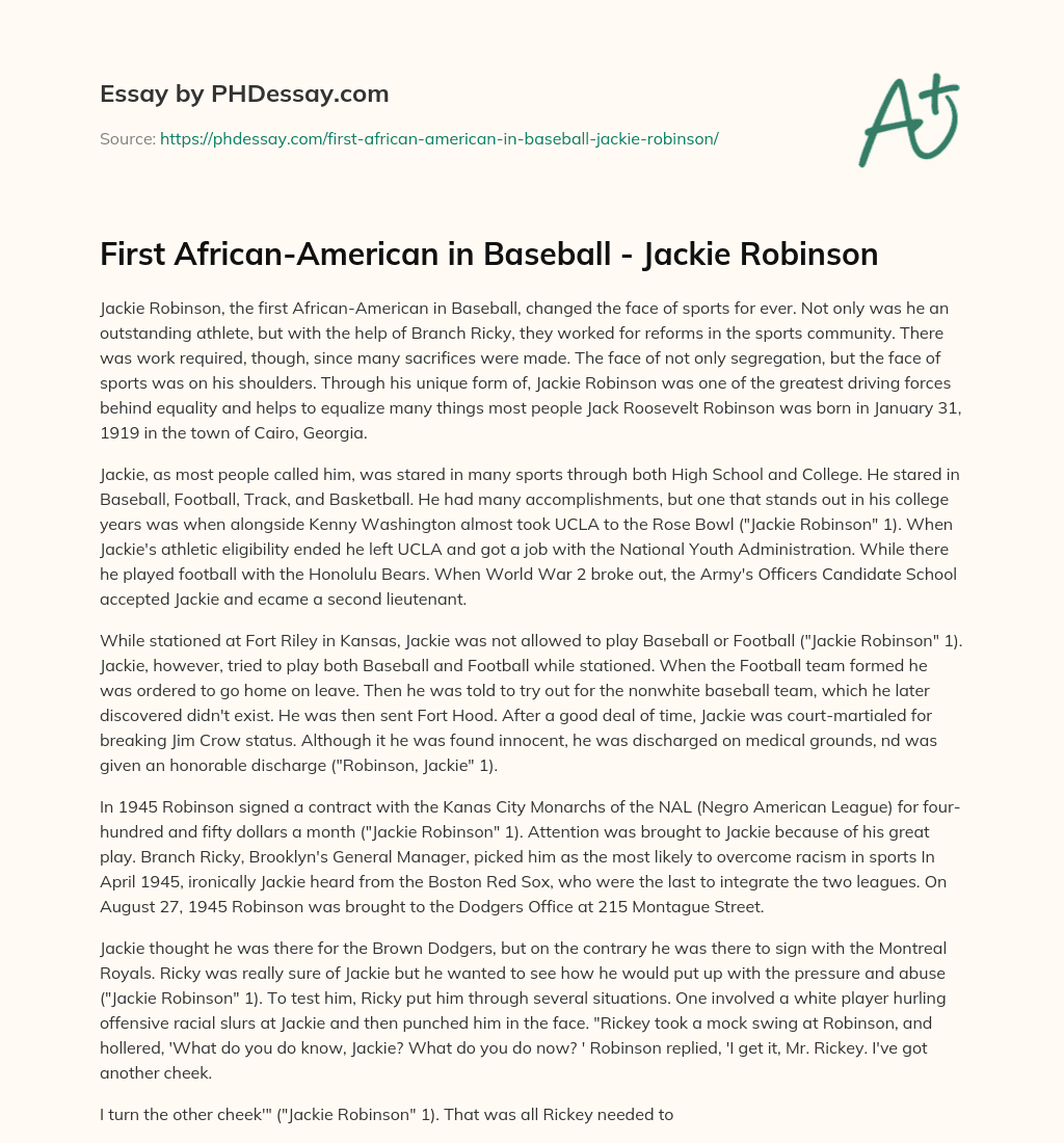 First African-American in Baseball – Jackie Robinson essay