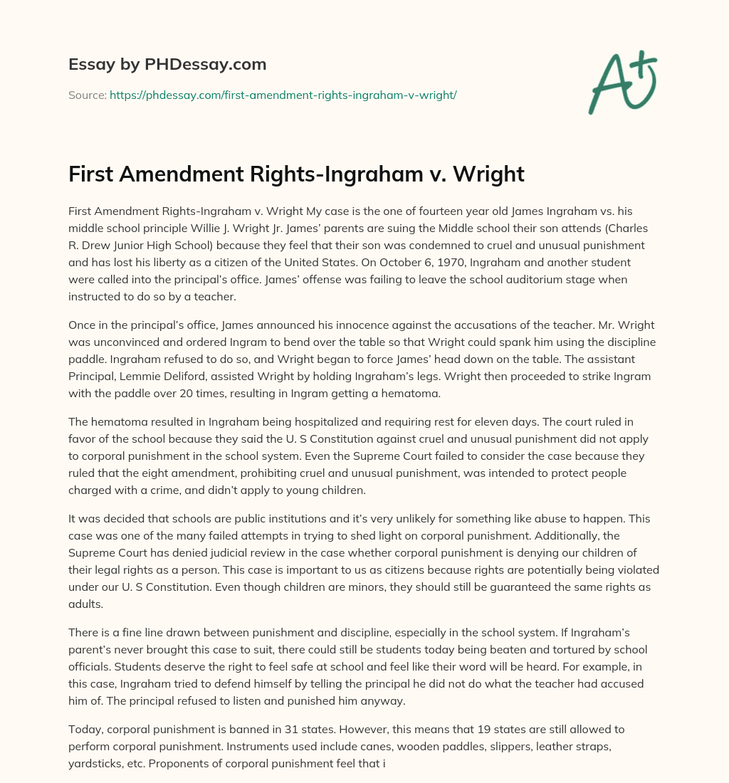 First Amendment Rights-Ingraham v. Wright essay