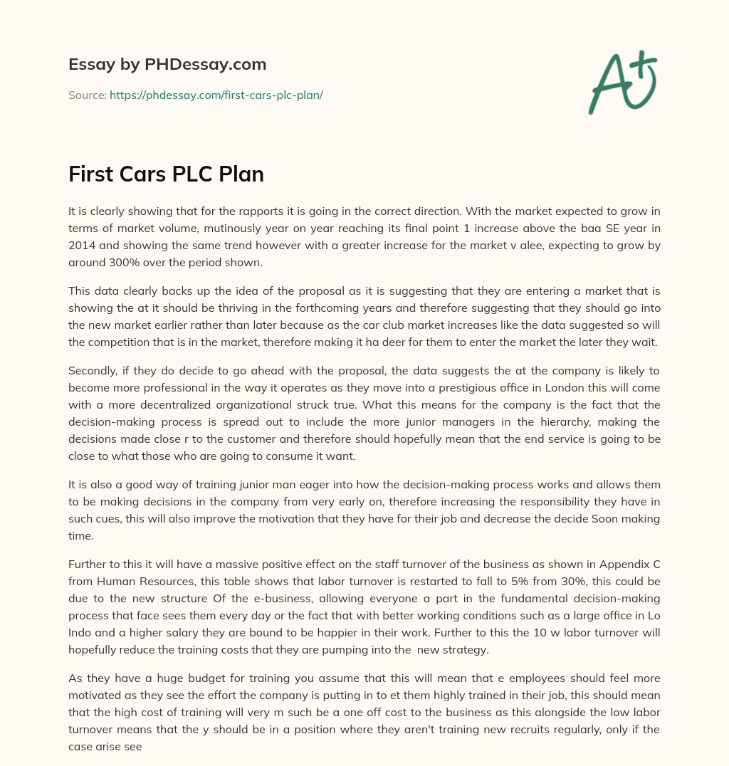 First Cars PLC Plan essay
