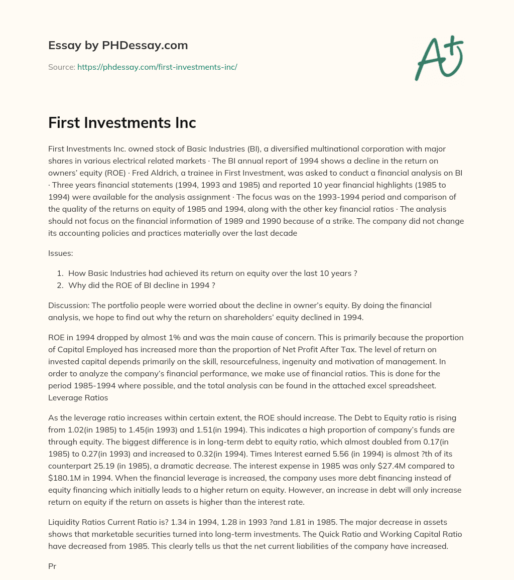 First Investments Inc essay