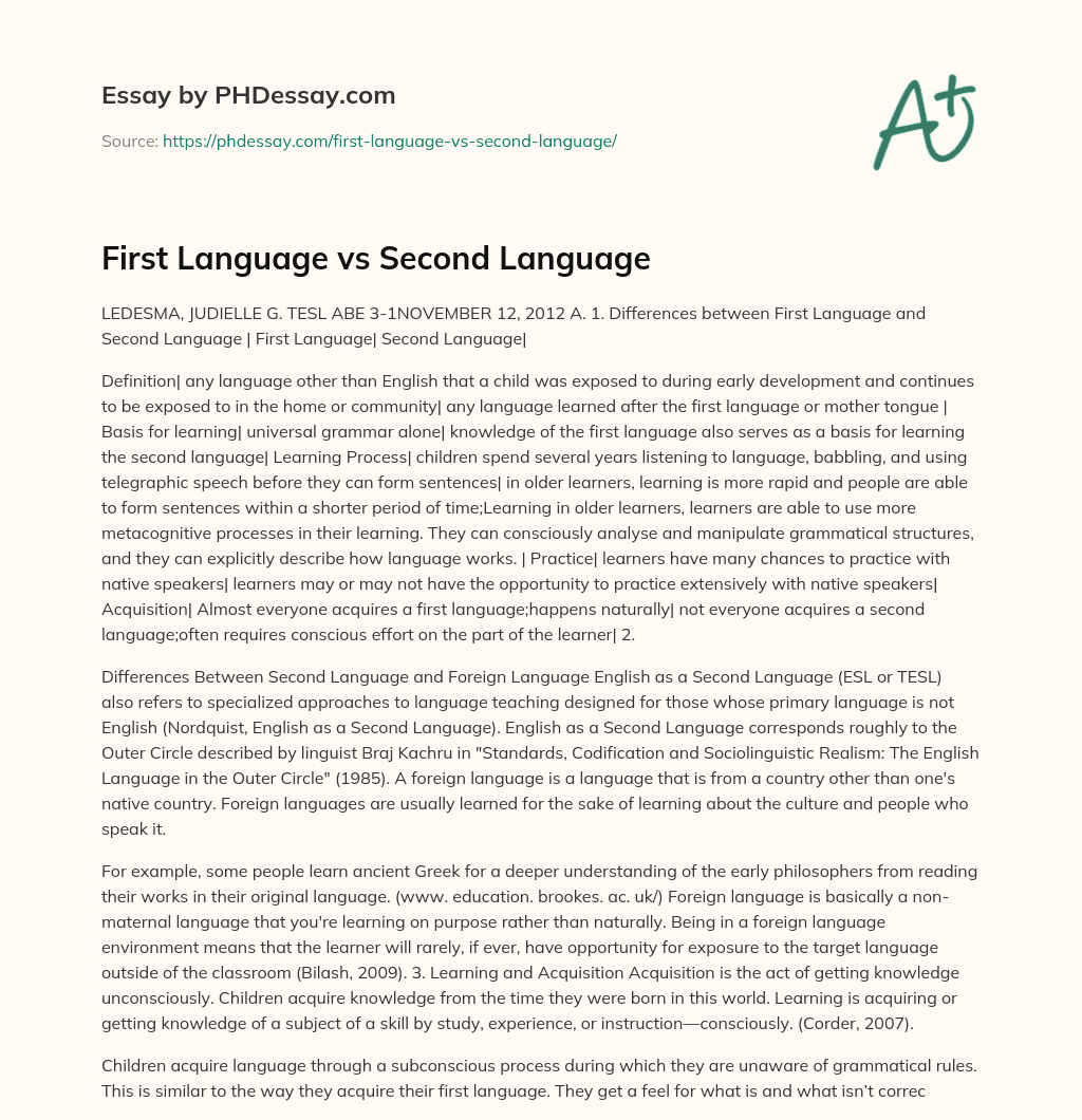 First Language vs Second Language essay