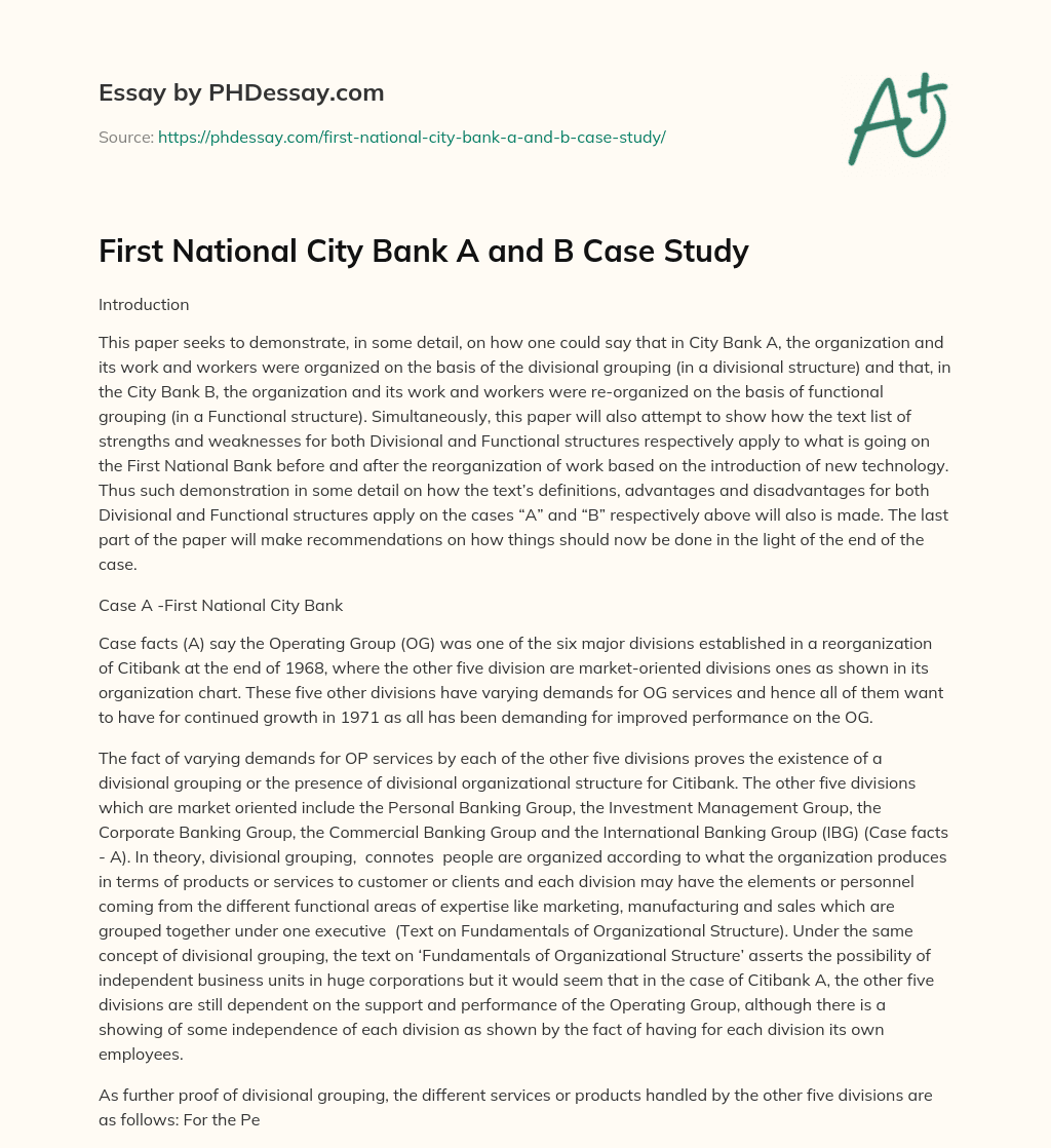 First National City Bank A and B Case Study essay