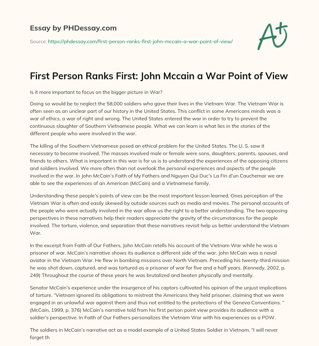 First Person Ranks First: John Mccain a War Point of View essay