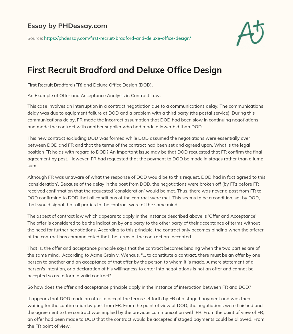 First Recruit Bradford and Deluxe Office Design essay