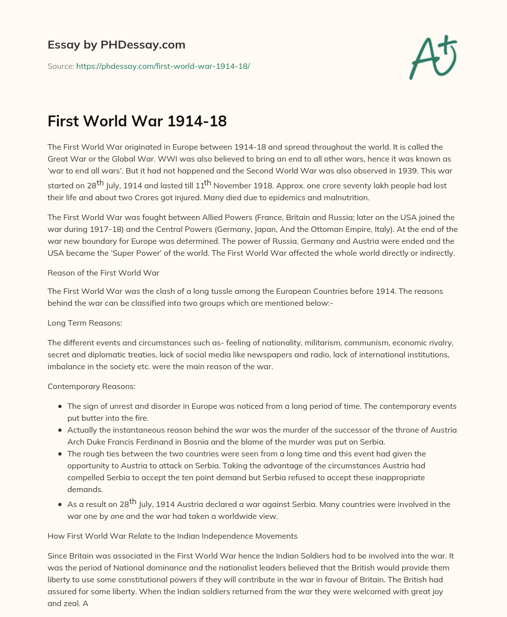 First World War 1914-18 essay