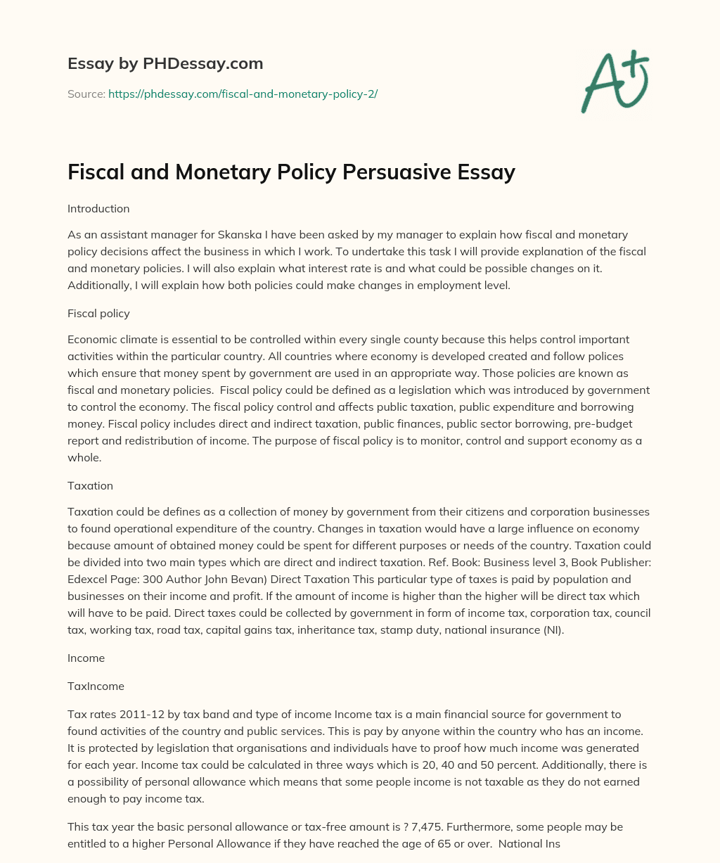 Fiscal and Monetary Policy Persuasive Essay essay