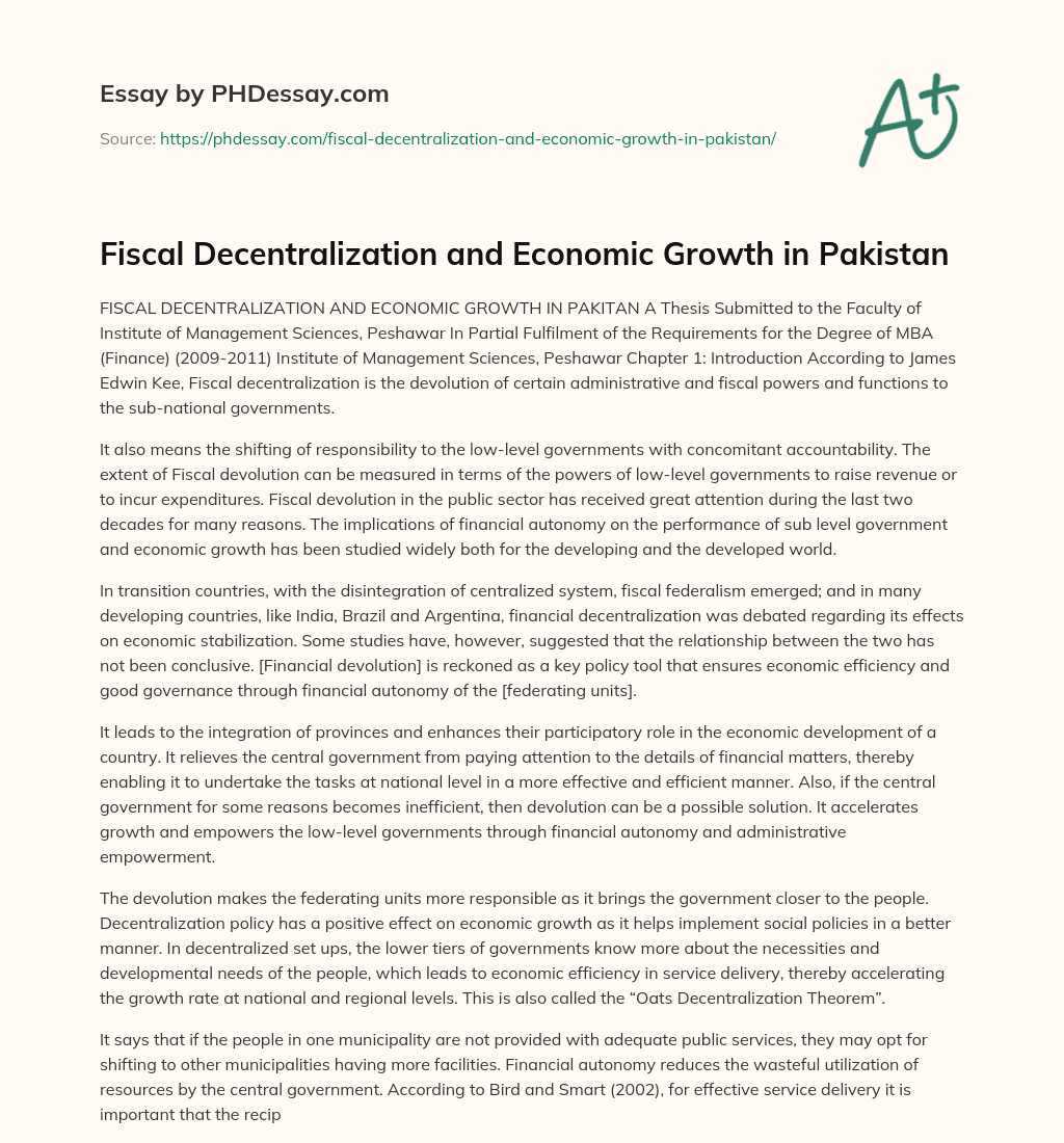 Fiscal Decentralization and Economic Growth in Pakistan essay