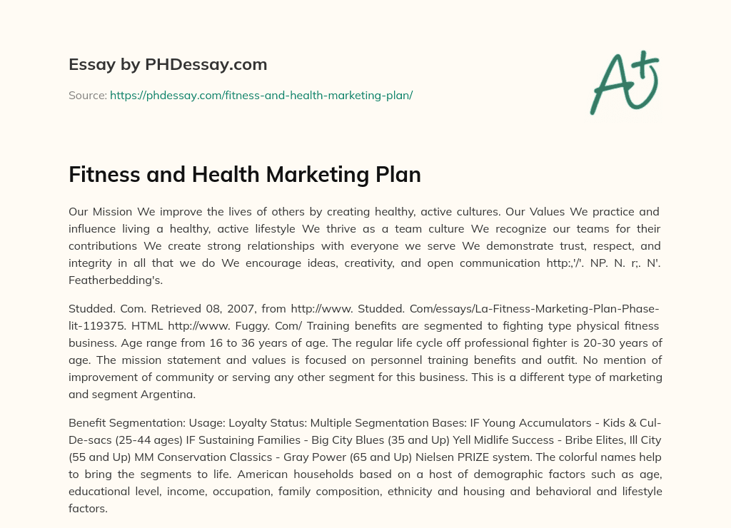 Fitness and Health Marketing Plan essay