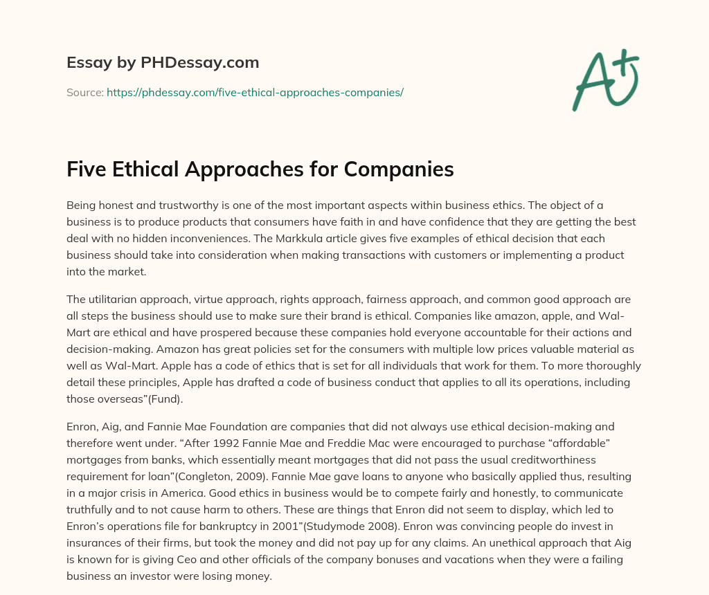 Five Ethical Approaches for Companies essay