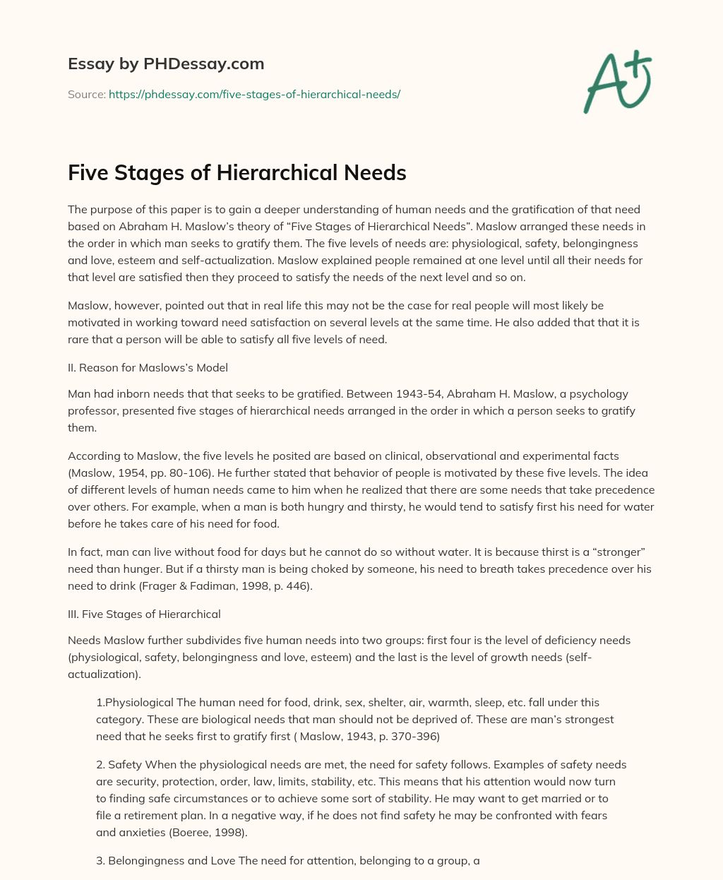 Five Stages of Hierarchical Needs essay