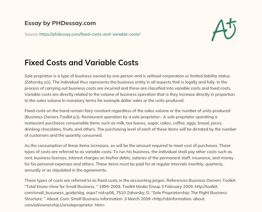 Fixed Costs and Variable Costs essay