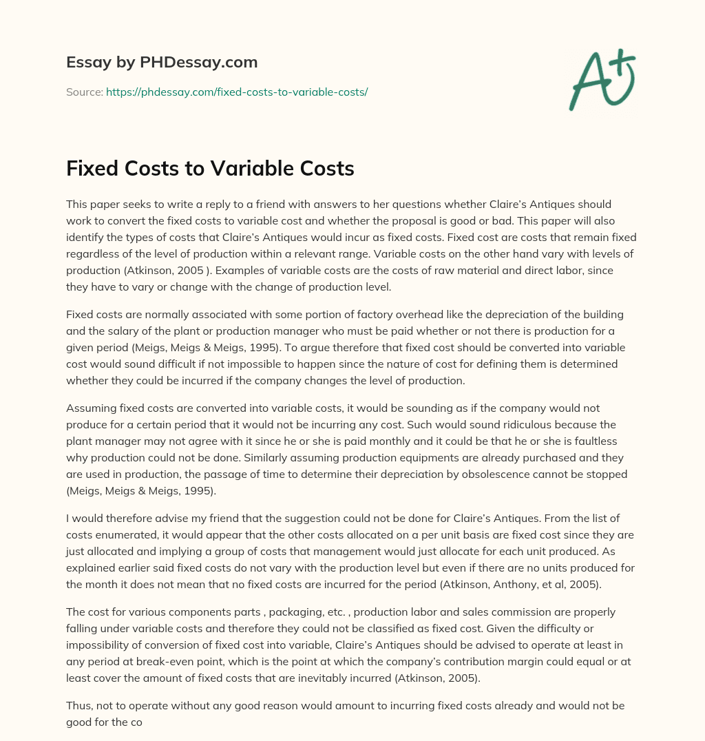 Fixed Costs to Variable Costs essay