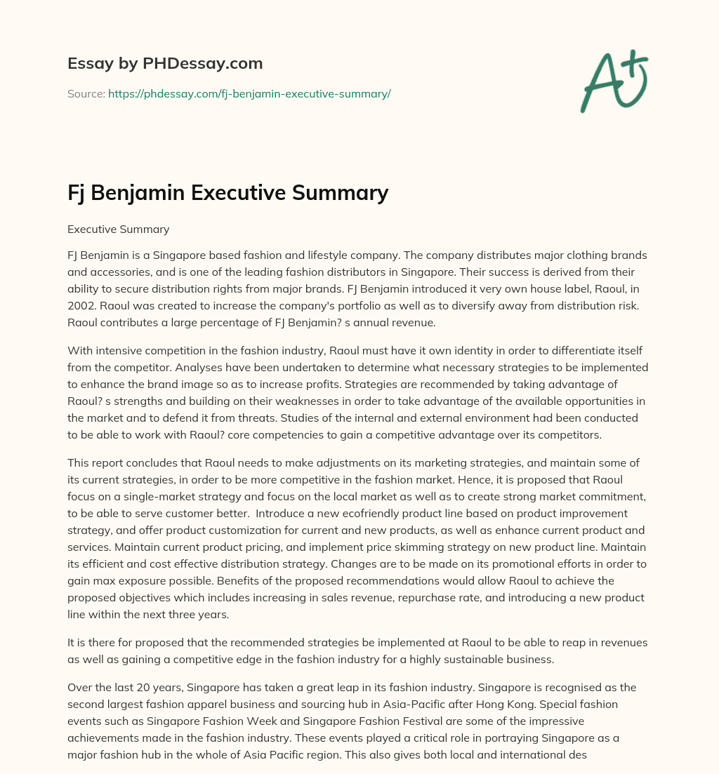 Fj Benjamin Executive Summary essay