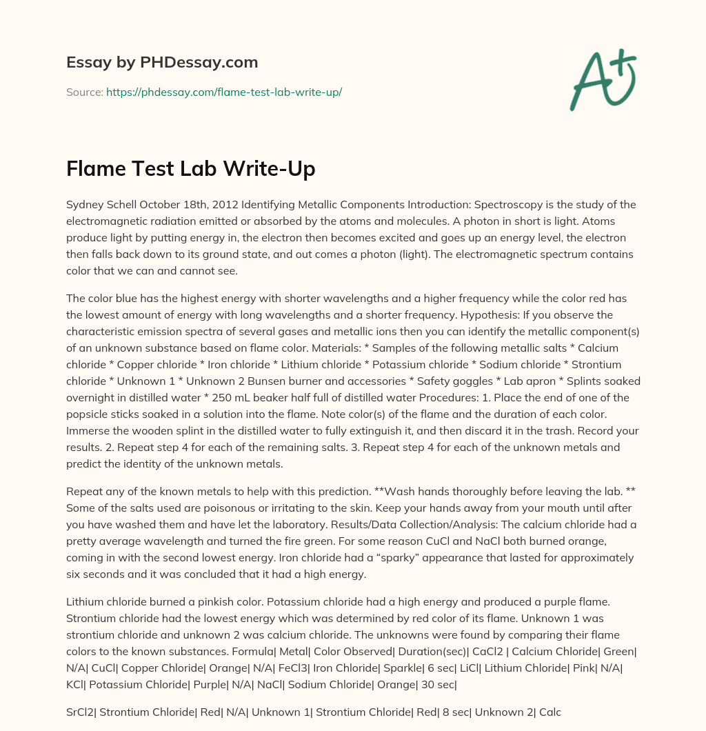 Flame Test Lab Write-Up: Identifying Metallic Components essay