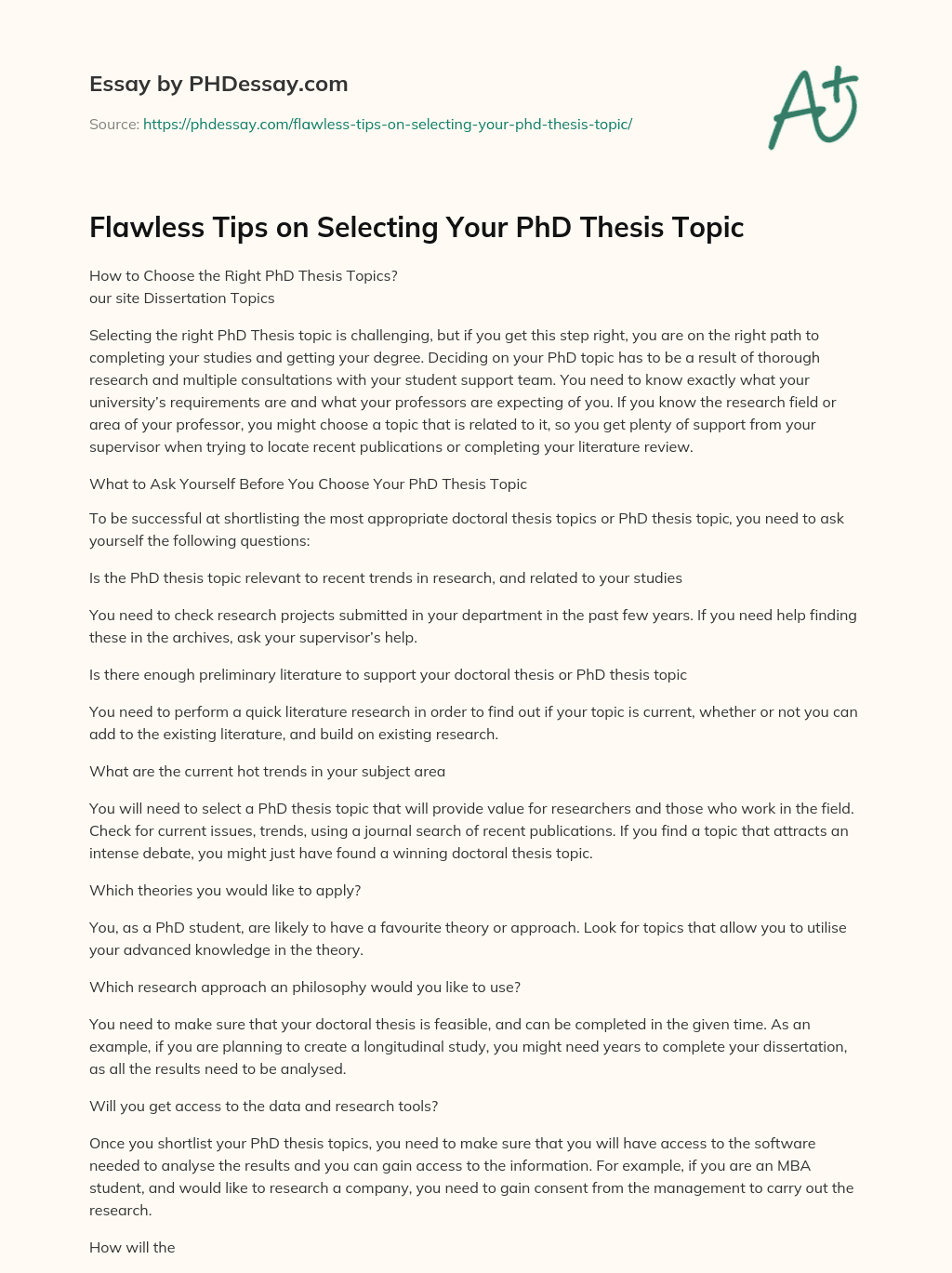 Flawless Tips on Selecting Your PhD Thesis Topic essay